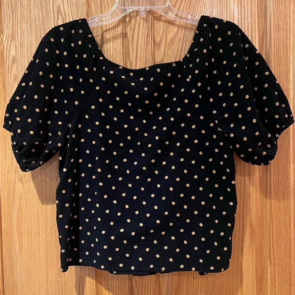 Madewell Corduroy Puff-Sleeve Button Wrap Top Black in‎ Tan Oval Dot Size XS